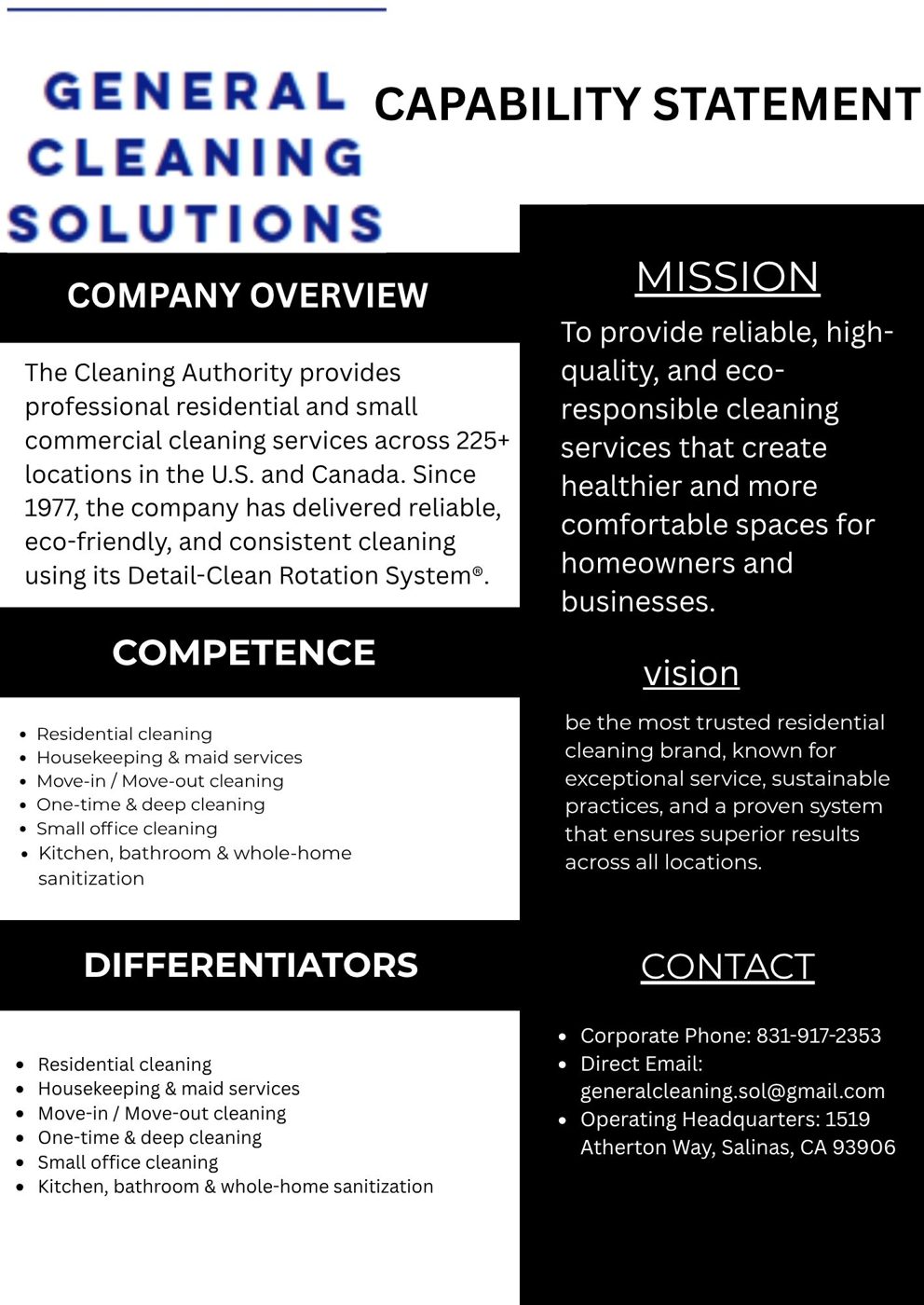 General Cleaning Solutions capability statement, designed by ClearMark Creative