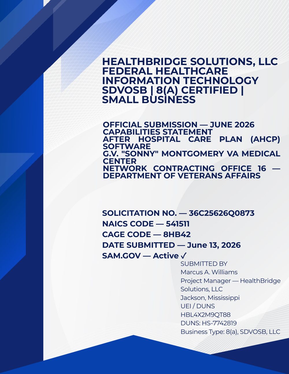 HealthBridge Solutions federal healthcare IT capability statement, designed by ClearMark Creative