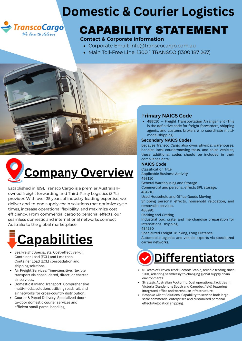 Transco Cargo logistics capability statement, designed by ClearMark Creative